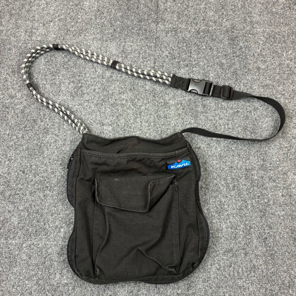 Kavu Sidewinder Black Canvas Crossbody Bag Rope Strap Messenger Bag